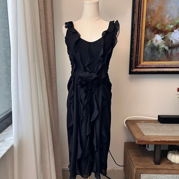 Cachet Black Ruffle Midi Dress – Size 8 (Fits Like 4, See Measurements) - Picture 1 of 6
